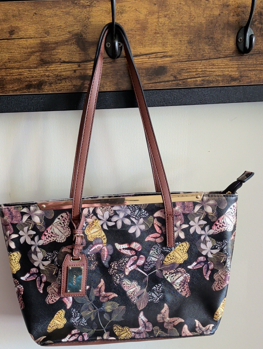 Women's Floral Butterfly Tote Bag in Black and Brown